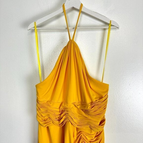 MAC DUGGAL Halter Neck Rouched Side Front Slit Gown in Marigold Size Large - Picture 5 of 13